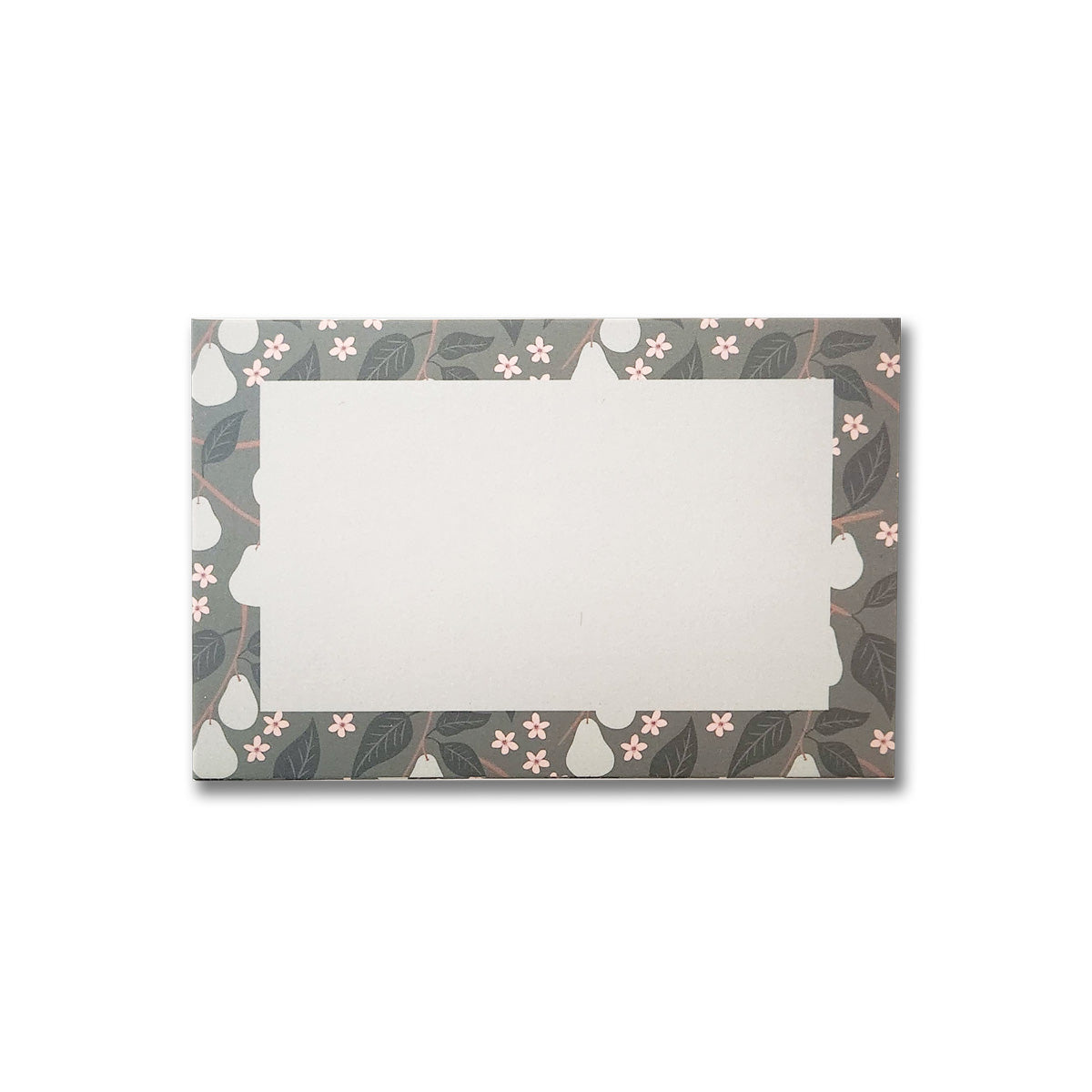 A Pears 6 Pk Gift Card Envelope by Maylay Co. showcases a decorative border with illustrations of pale green pears and pink flowers set against a dark leafy background, accented with an elegant gold foil design.