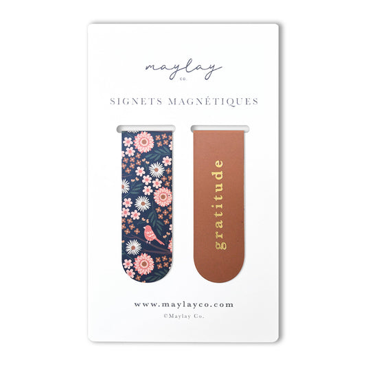 French Birdy Floral Gratitude Signets Magnetiques Bookmarks (Set of 2)