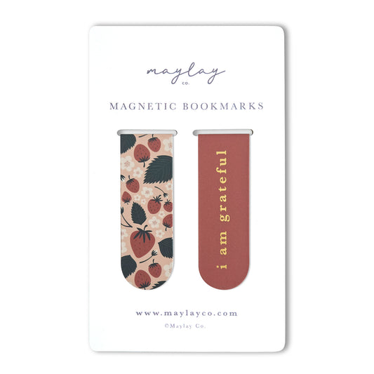 Strawberries Floral "I Am Grateful" Magnetic Bookmarks (Set of 2)