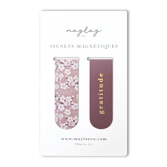French Cherry Blossoms Floral Gratitude Signets Magnetiques Bookmarks (Set of 2)