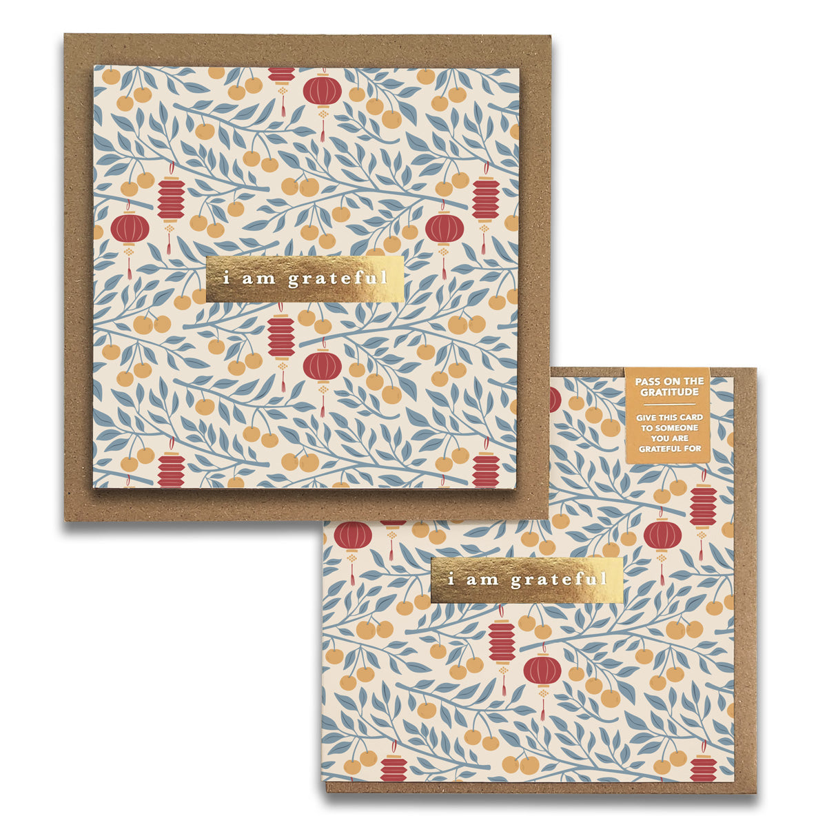Lanterns Oranges Floral Lunar New Year "I Am Grateful" Gratitude Greeting Cards