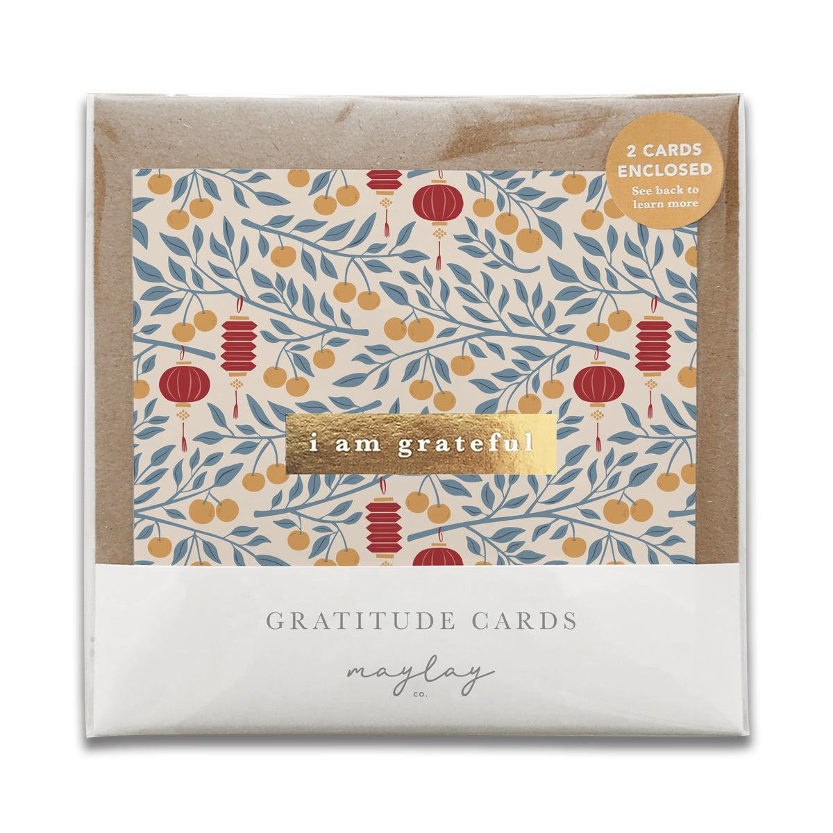 Lanterns Oranges Floral Lunar New Year "I Am Grateful" Gratitude Greeting Cards