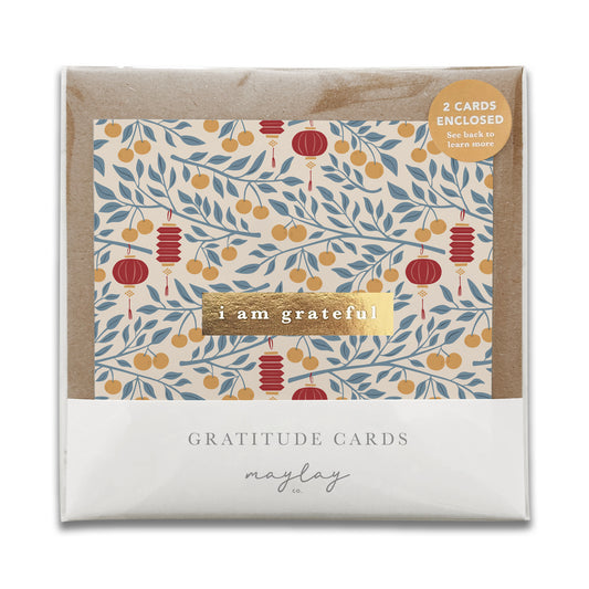 Lanterns Oranges Floral Lunar New Year "I Am Grateful" Gratitude Greeting Cards