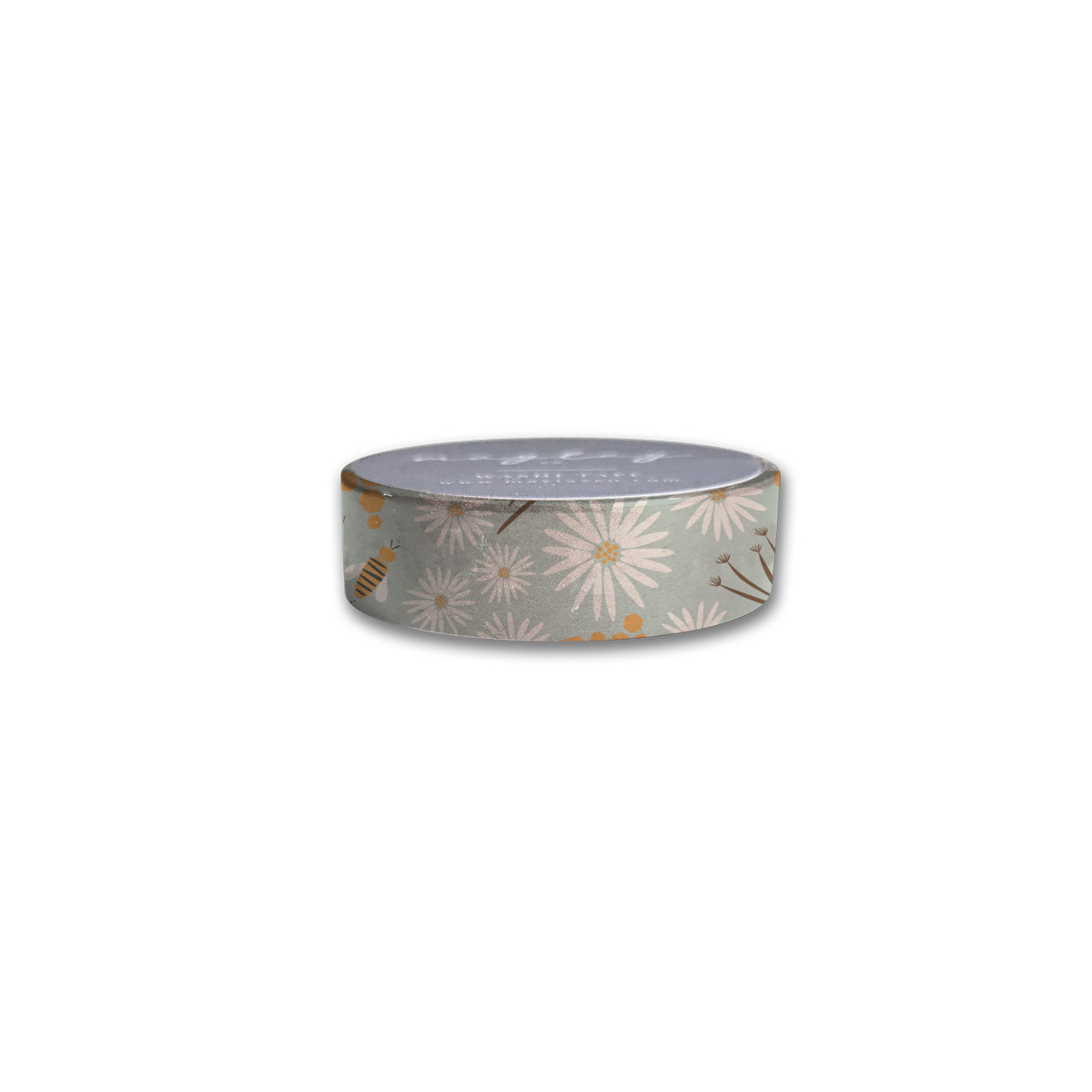 The Bees Floral Washi Tape by Maylay Co. is ideal for scrapbooking, showcasing a pastel green background embellished with white daisies, tiny bees, and orange dots.
