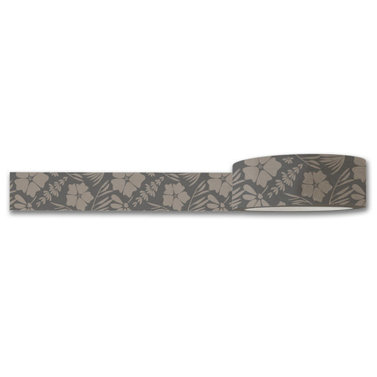 Introducing the Vintage Meadow Floral Washi Tape by Maylay Co., a partially unrolled roll featuring a continuous floral and leaf design in elegant shades of gray and beige. Ideal for scrapbooking, this decorative tape presents a charming pattern against a muted backdrop.