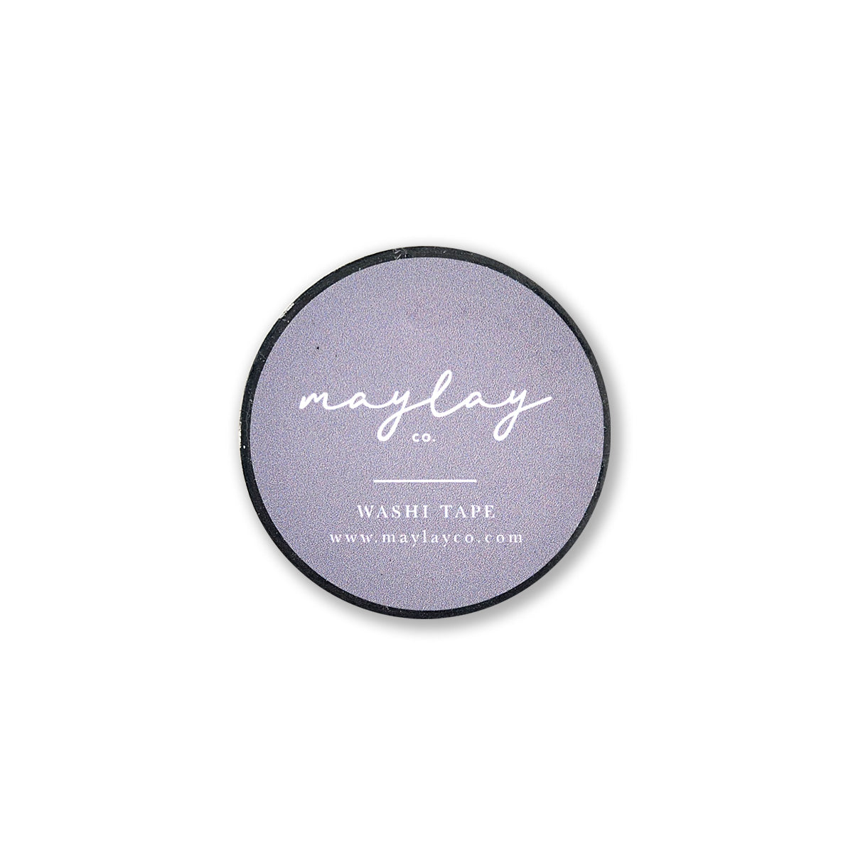 A circular washi tape from Maylay Co., named Happy Forest, features a minimalistic white design on a purple background, making it perfect for scrapbooking. The text reads "Maylay Co. WASHI TAPE" and includes the website: www.maylayco.com.
