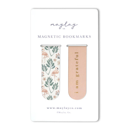Flamingos Floral "I Am Grateful" Magnetic Bookmarks (Set of 2)