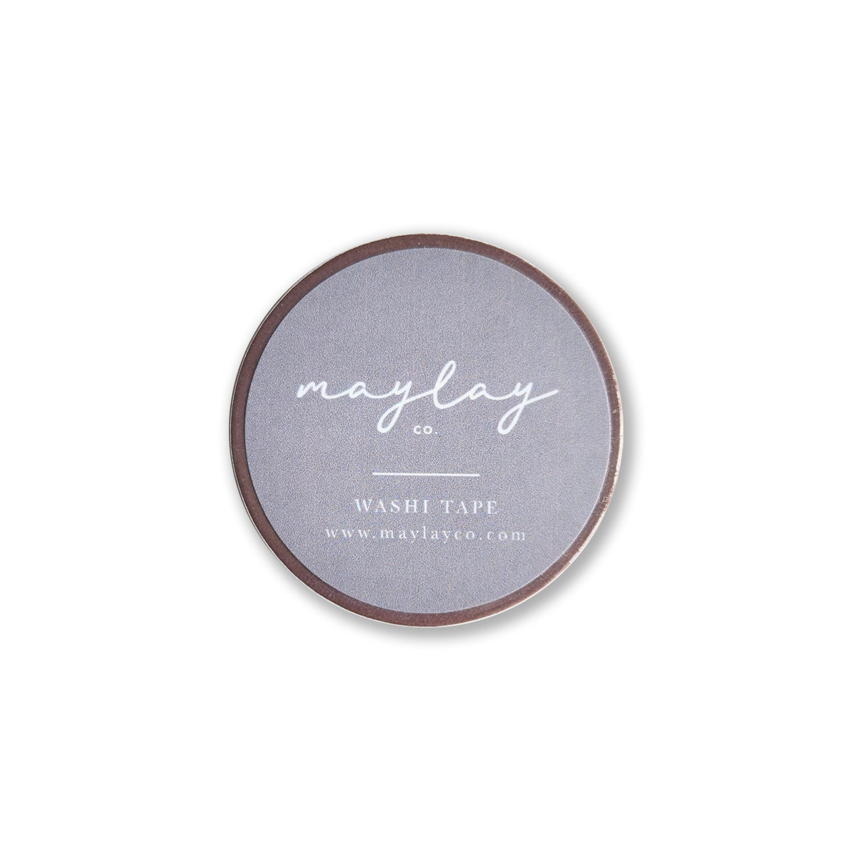 The image showcases a circular gray label for the brand Maylay Co. at its center. The text emphasizes the company's name, "I Am Grateful Washi Tape - Mauve," and includes their website: www.maylayco.com. This label is appealing to decorative washi tape enthusiasts, making it perfect for scrapbooking supplies on a pristine white background.