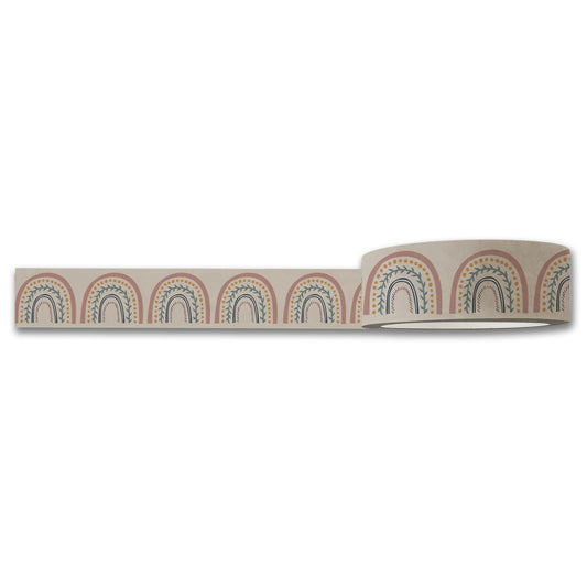 The Happy Rainbows Washi Tape by Maylay Co. from our crafting supplies collection features a repetitive rainbow pattern in soft colors, including blue, orange, and beige on a subtle background. The tape is partially unrolled to highlight its delightful design.