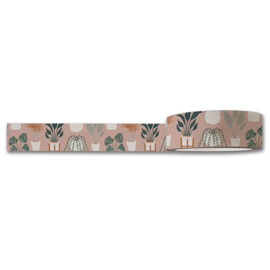 The Plant Lover Washi Tape by Maylay Co. showcases a delightful pattern of potted plants in green and white on a pink background. The diverse shapes and sizes of the pots create a playful botanical accent, making it an ideal addition to all your crafting supplies.