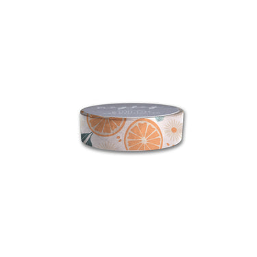 The Tang Washi Tape by Maylay Co. is ideal for scrapbooking, featuring a vibrant design of orange and grapefruit slices with green leaves on a crisp white background, making it stand out beautifully.