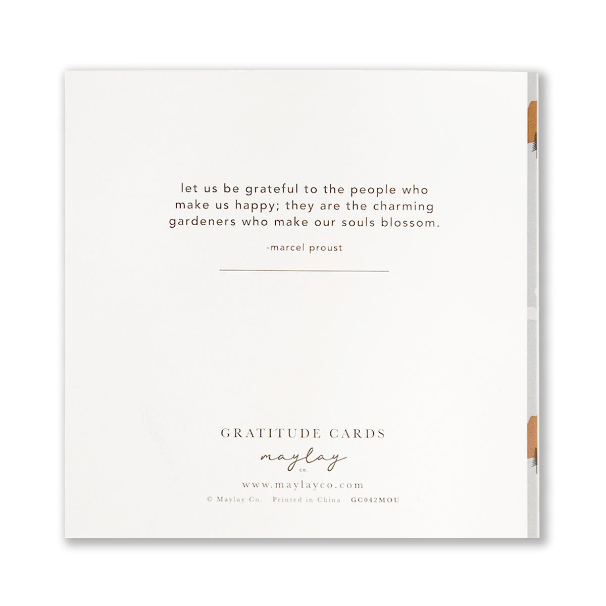 A square greeting card features a quote by Marcel Proust: "Let us be grateful to the people who make us happy; they are the charming gardeners who make our souls blossom." Below the quote, it reads "THANK YOU" alongside Mountains Gratitude Greeting Cards by Maylay Co.