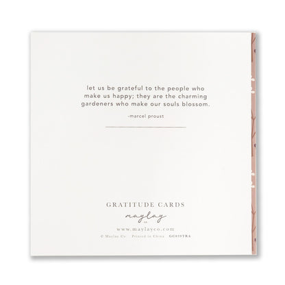 A decorative card showcasing a quote by Marcel Proust: "Let us be grateful to the people who make us happy; they are the charming gardeners who make our souls blossom." Below, "TRANQUILITY GRATITUDE GREETING CARDS" encourages you to explore more at www.maylayco.com, adding a gratitude-inspired touch to your collection from Maylay Co.